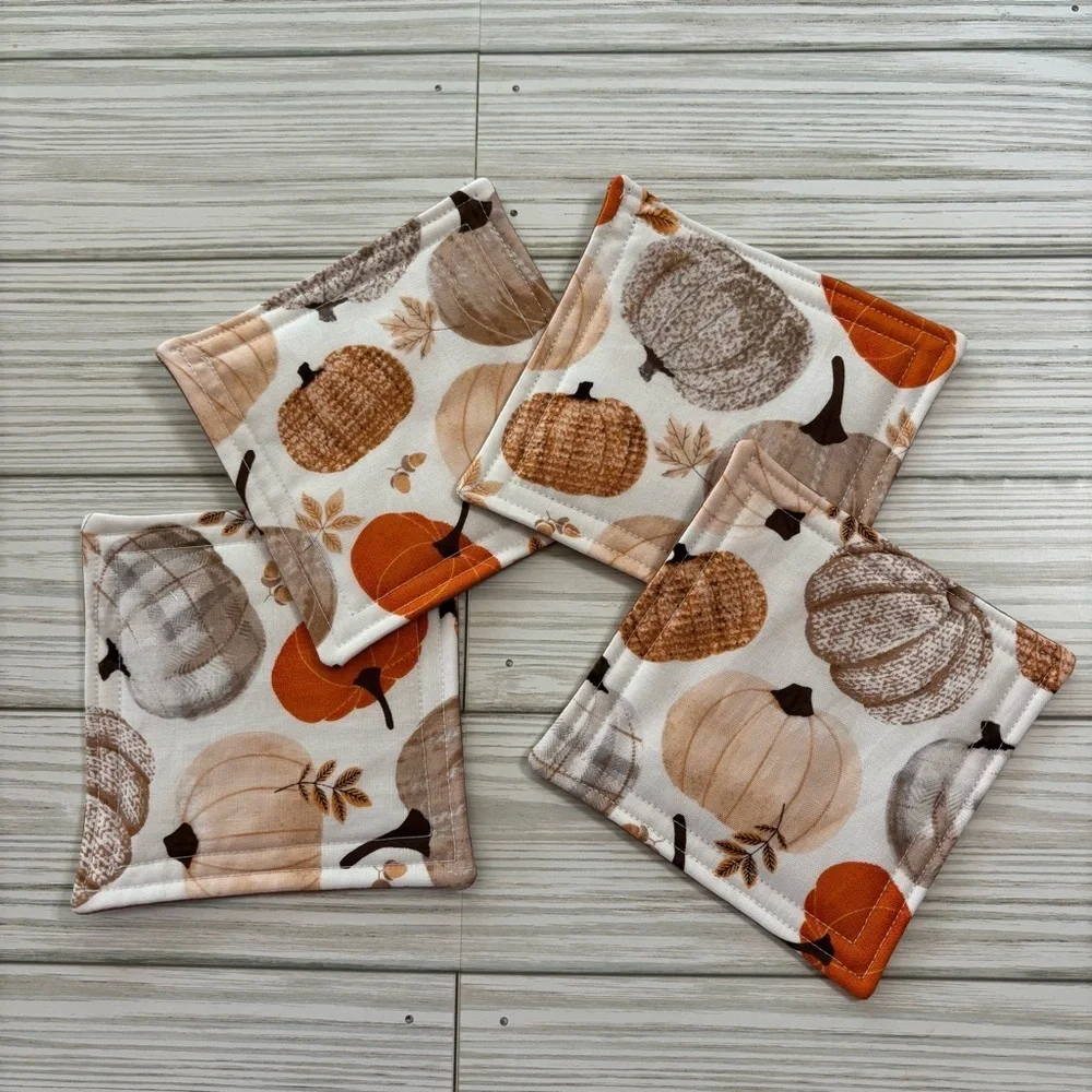 Handmade Fall Pumpkin Farmhouse Washable Reusable Fabric Coasters Set of 4
